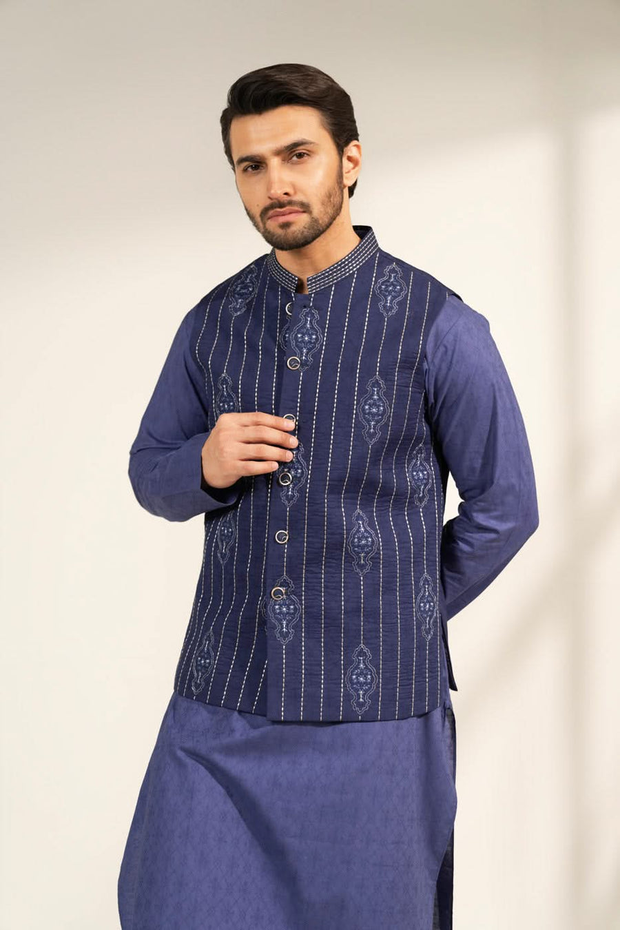 Slate Blue Silk Jacquard 1-Piece Waistcoat | Pinstripe Zardosi Work
