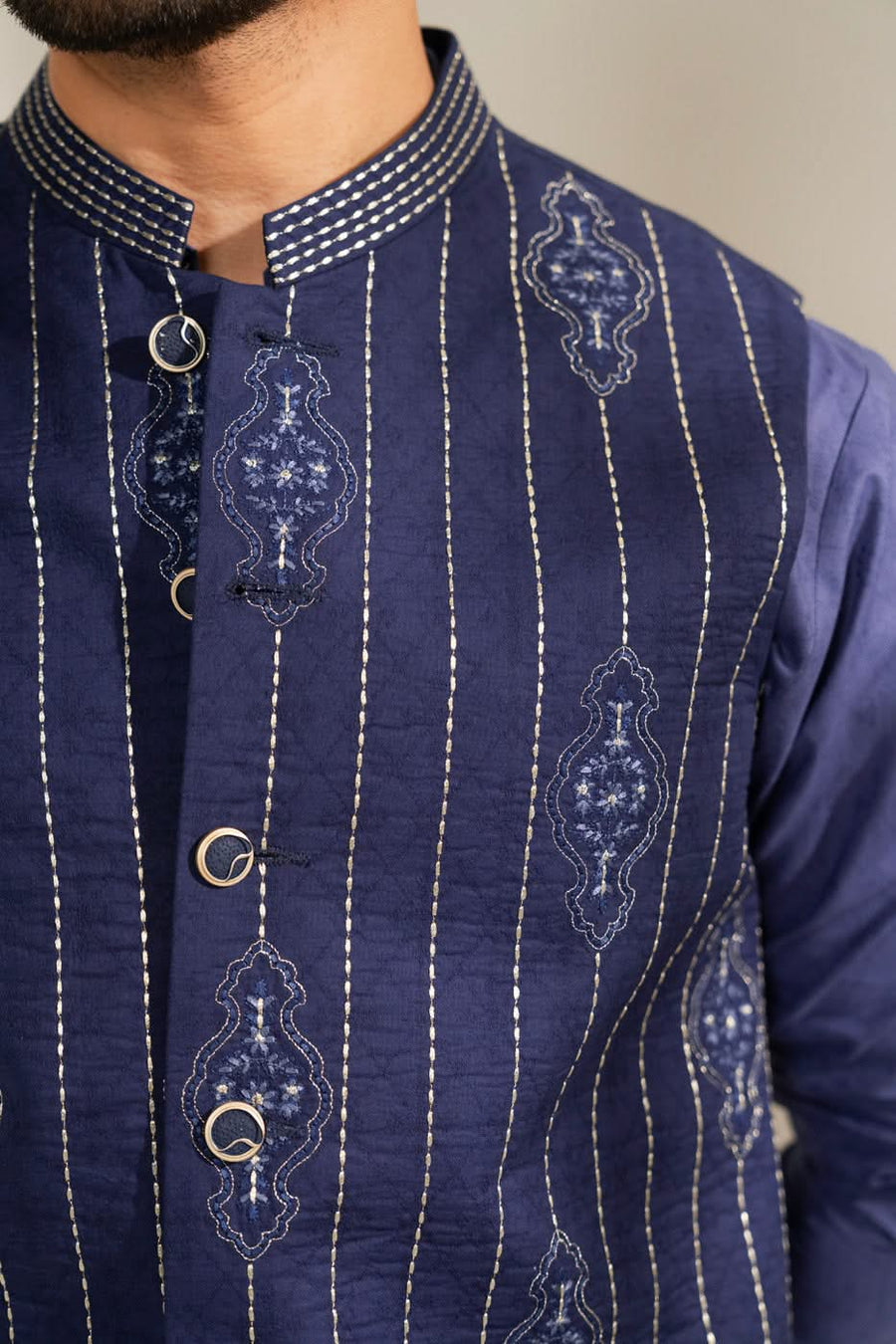 Slate Blue Silk Jacquard 1-Piece Waistcoat | Pinstripe Zardosi Work
