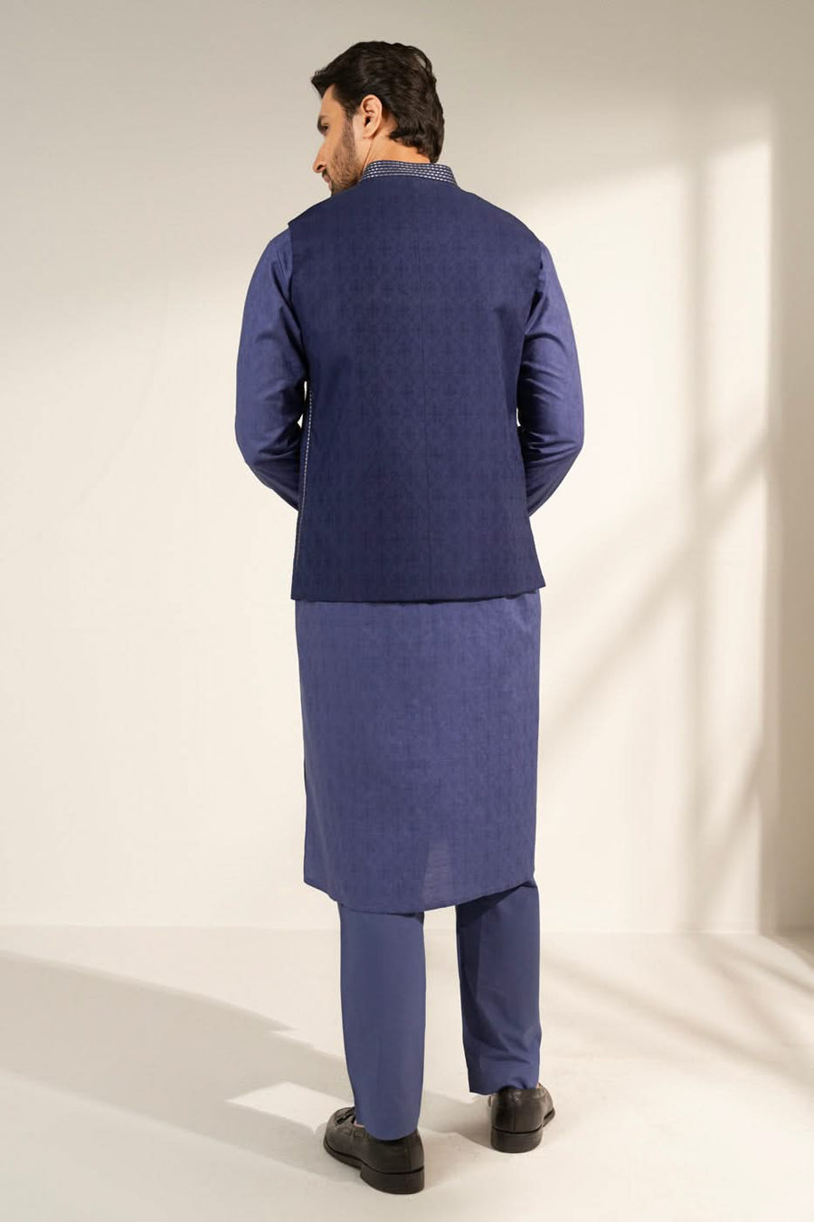 Slate Blue Silk Jacquard 1-Piece Waistcoat | Pinstripe Zardosi Work