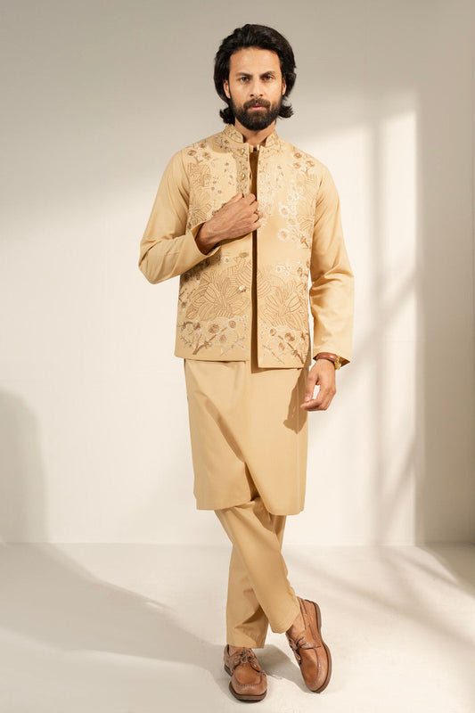 Cream Silk 3-Piece Kurta Set | Zardosi Embroidered Vest