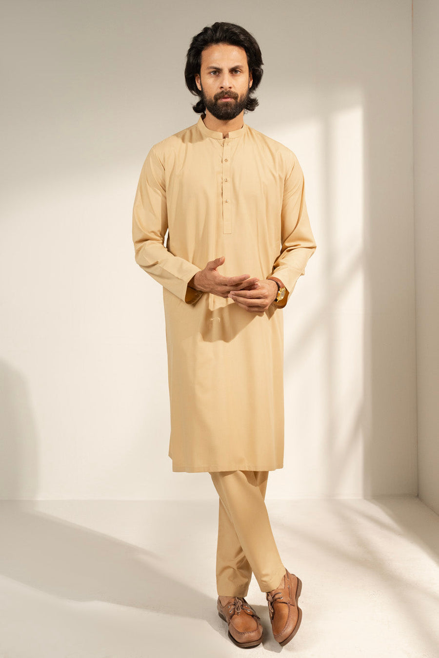 Cream Mulberry Silk 2-Piece Kurta | Band Collar Minimalist