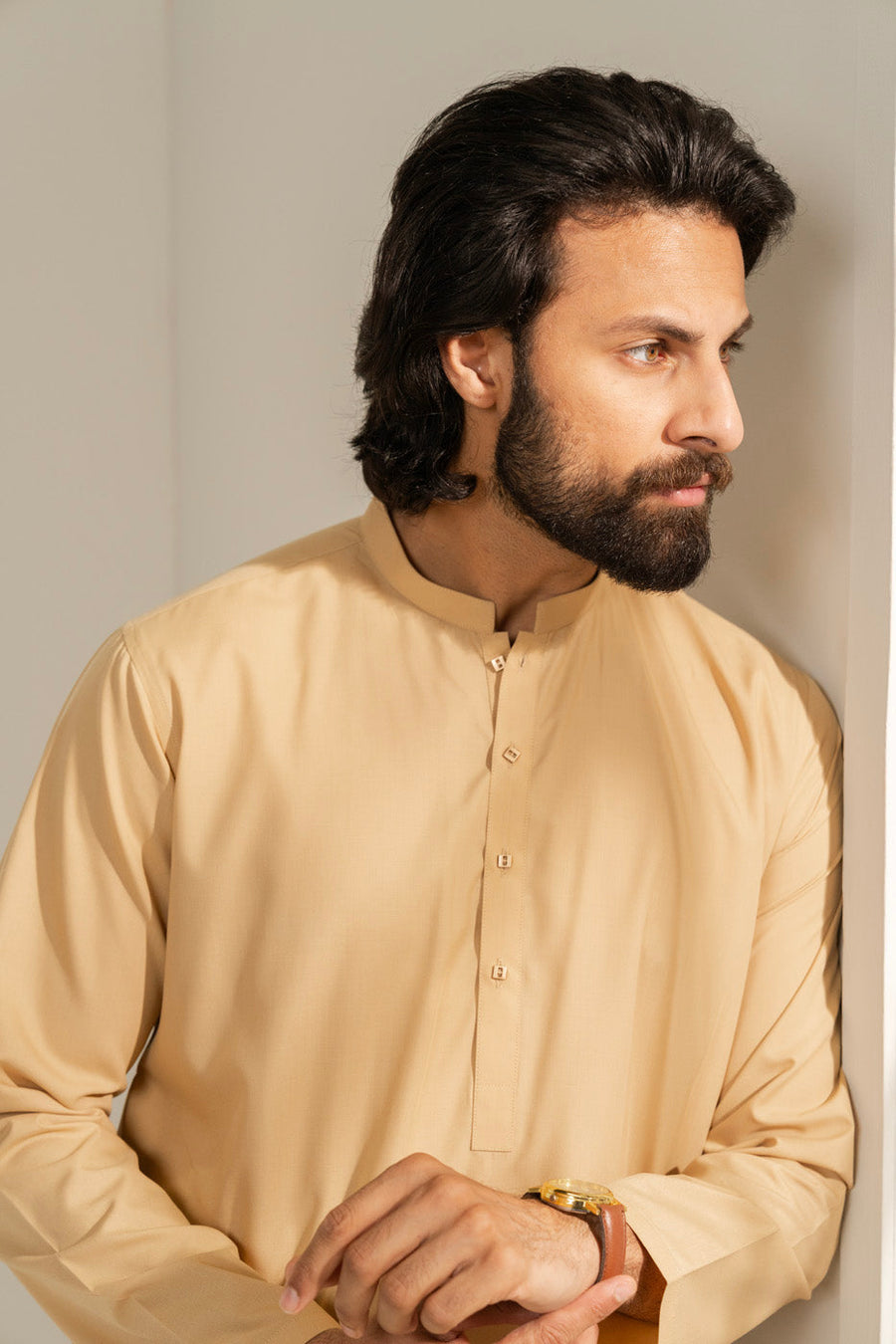 Cream Mulberry Silk 2-Piece Kurta | Band Collar Minimalist