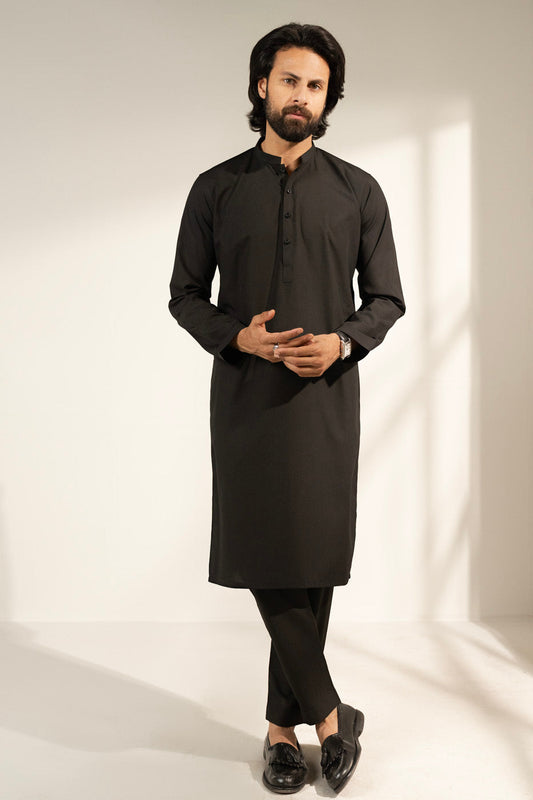 Charcoal Silk Blend 2-Piece Kurta Set | Band Collar