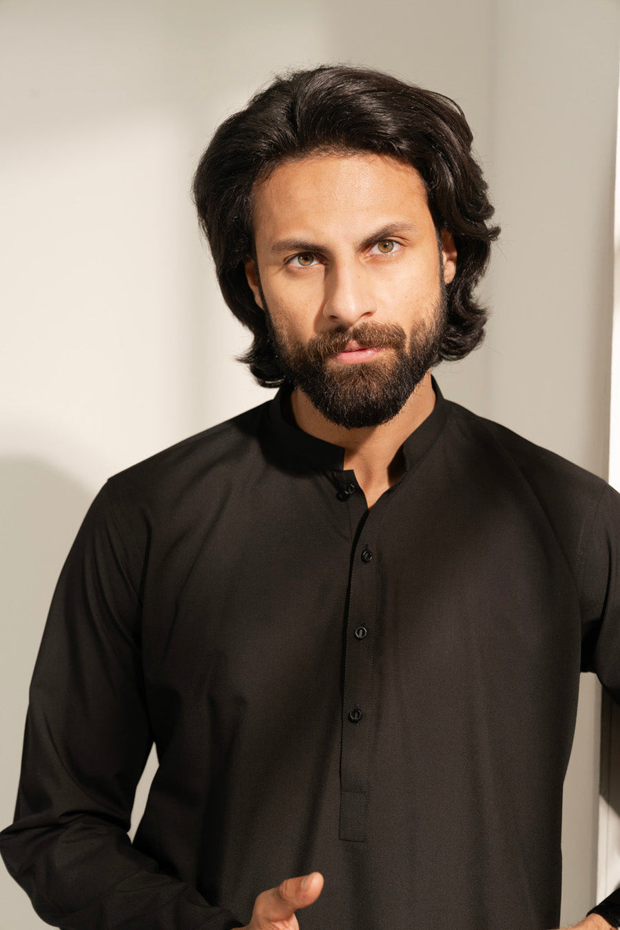 Charcoal Silk Blend 2-Piece Kurta Set | Band Collar