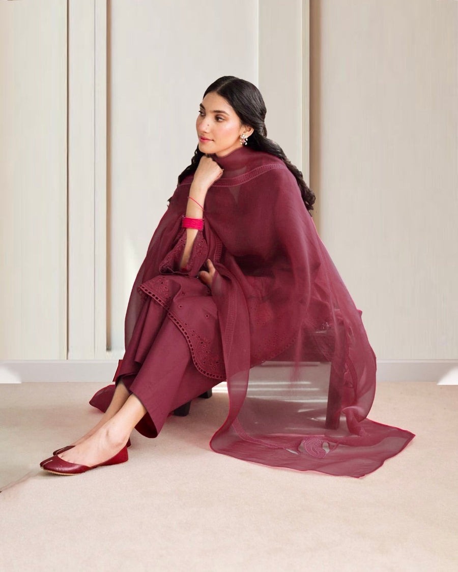 Maroon Elegance – Luxury Embroidered Suit for Women