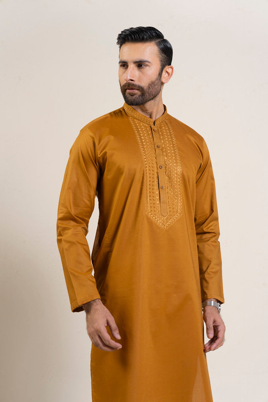 Mustard Cotton Kurta 2-Piece | Resham Embroidered Band Collar