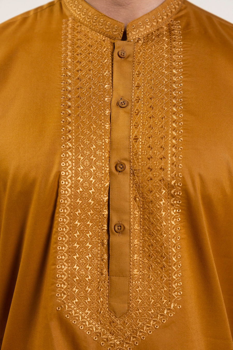 Mustard Cotton Kurta 2-Piece | Resham Embroidered Band Collar