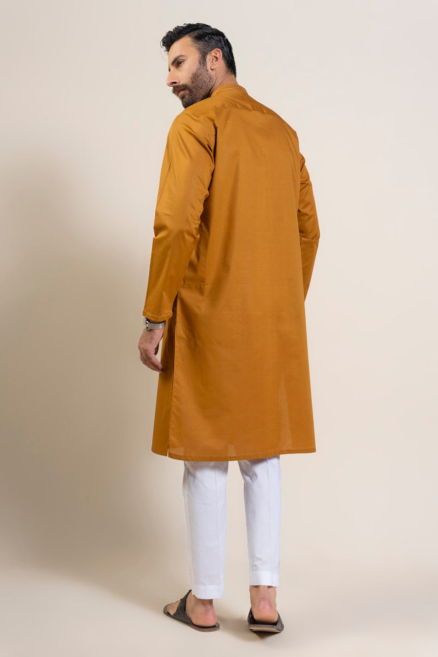 Mustard Cotton Kurta 2-Piece | Resham Embroidered Band Collar