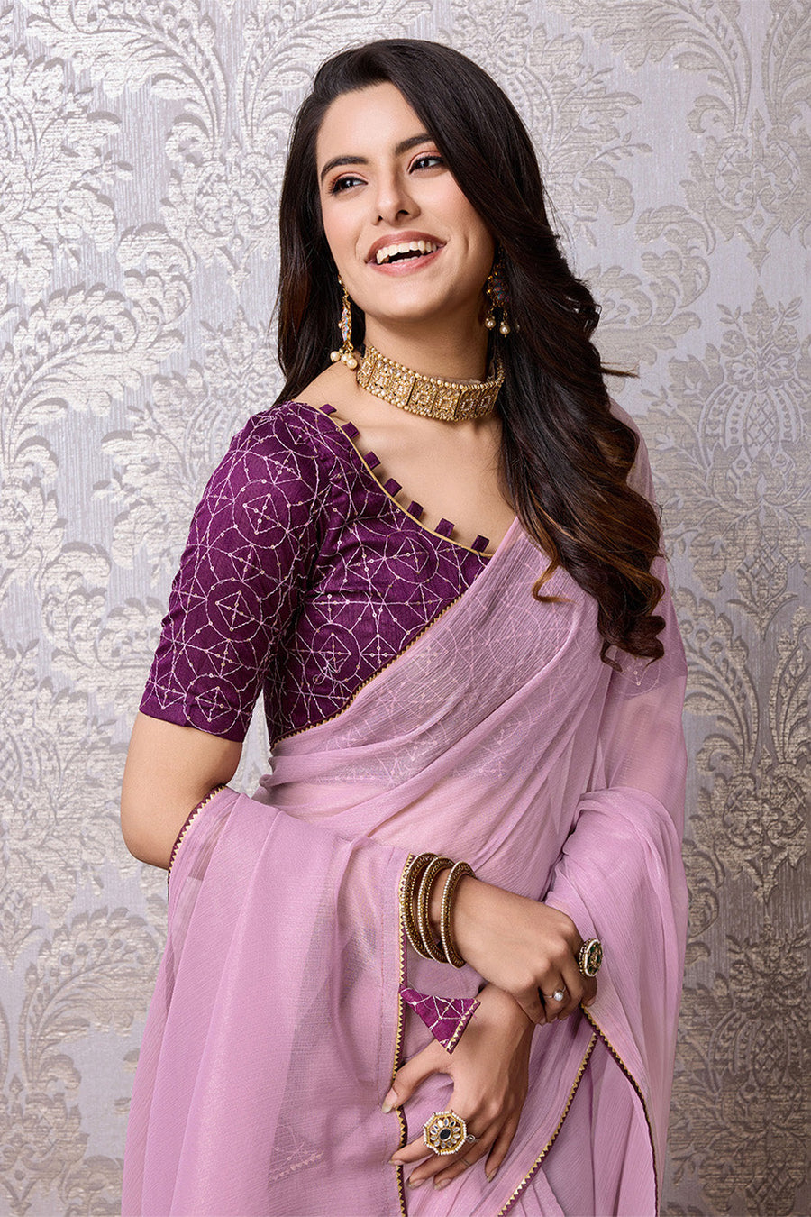 Purple Chiffon Saree With Blouse Piece - Pehnaawaa