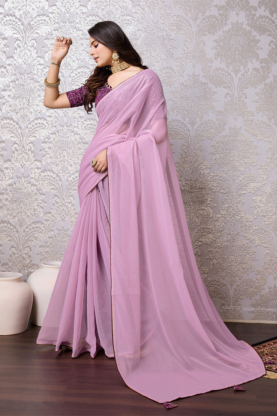 Purple Chiffon Saree With Blouse Piece - Pehnaawaa
