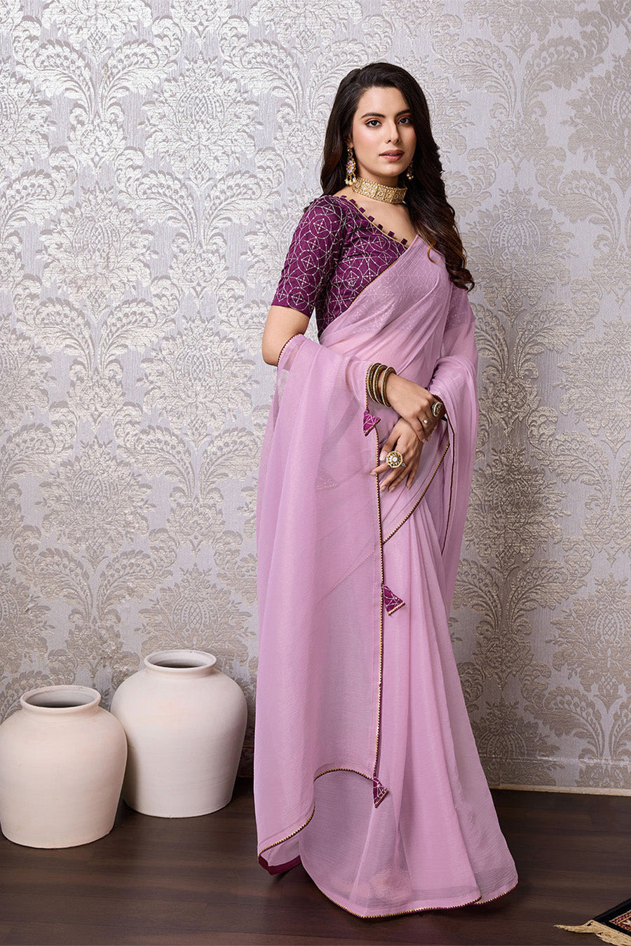 Purple Chiffon Saree With Blouse Piece - Pehnaawaa