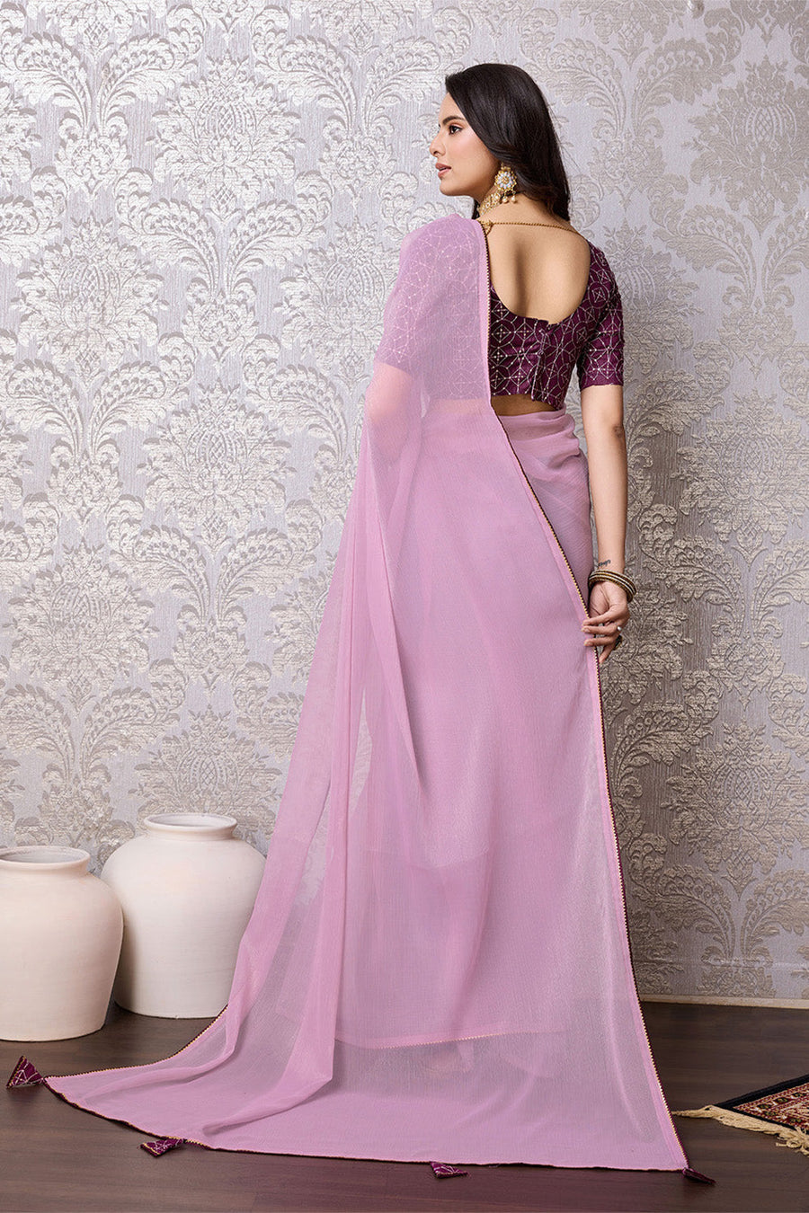Purple Chiffon Saree With Blouse Piece - Pehnaawaa