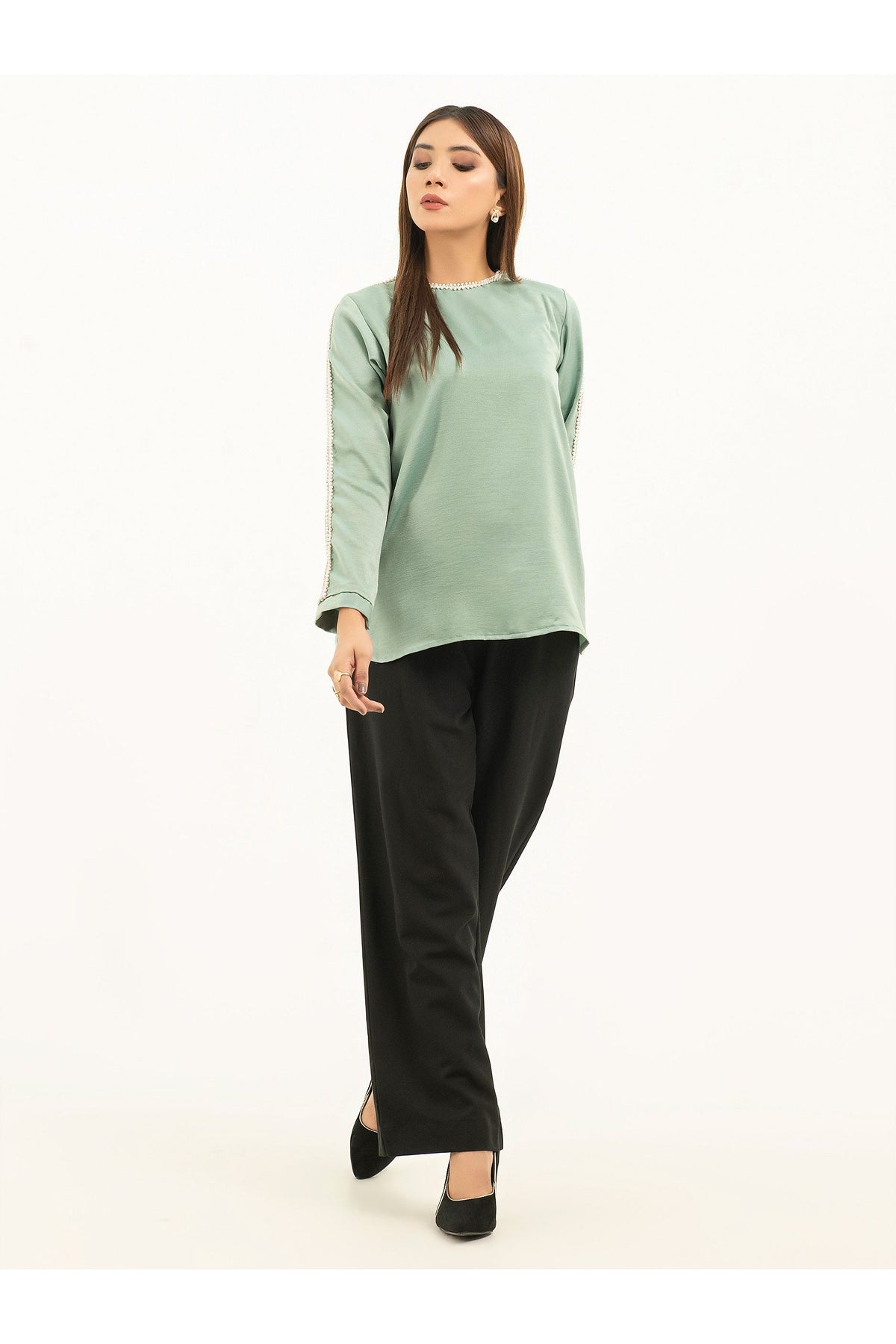 Sage Viscose 2-Piece Kurta | Pearl Lace Sleeve Detail