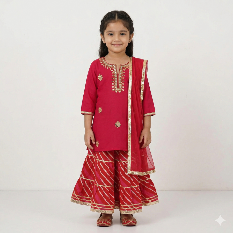 Girls Fuchsia Gota Patti Kurti with Leheriya Sharara and Dupatta (3 Piece)