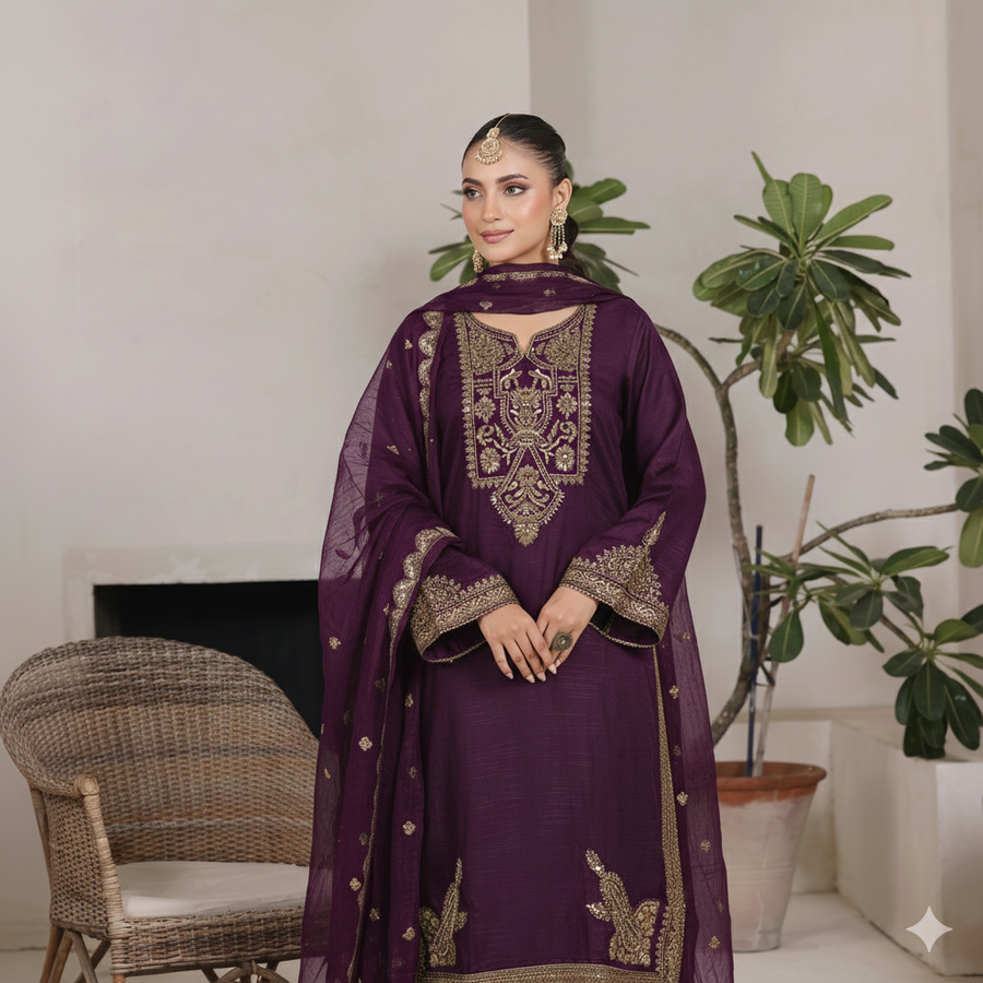 Plum Gold Maherposh 3 Piece Embroidered Luxury Pret