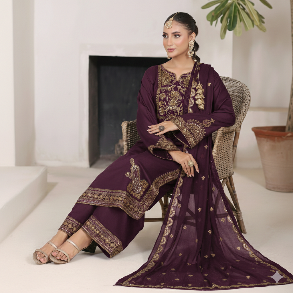 Plum Gold Maherposh 3 Piece Embroidered Luxury Pret