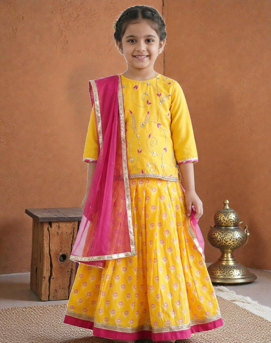 Girls Yellow Hand Work Kurti with Floral Lehenga and Dupatta (3 Piece)