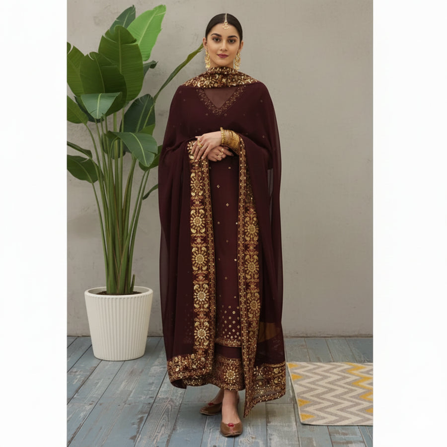 Mahroon Grace 3 piece Embroidered Luxury Pret For Women