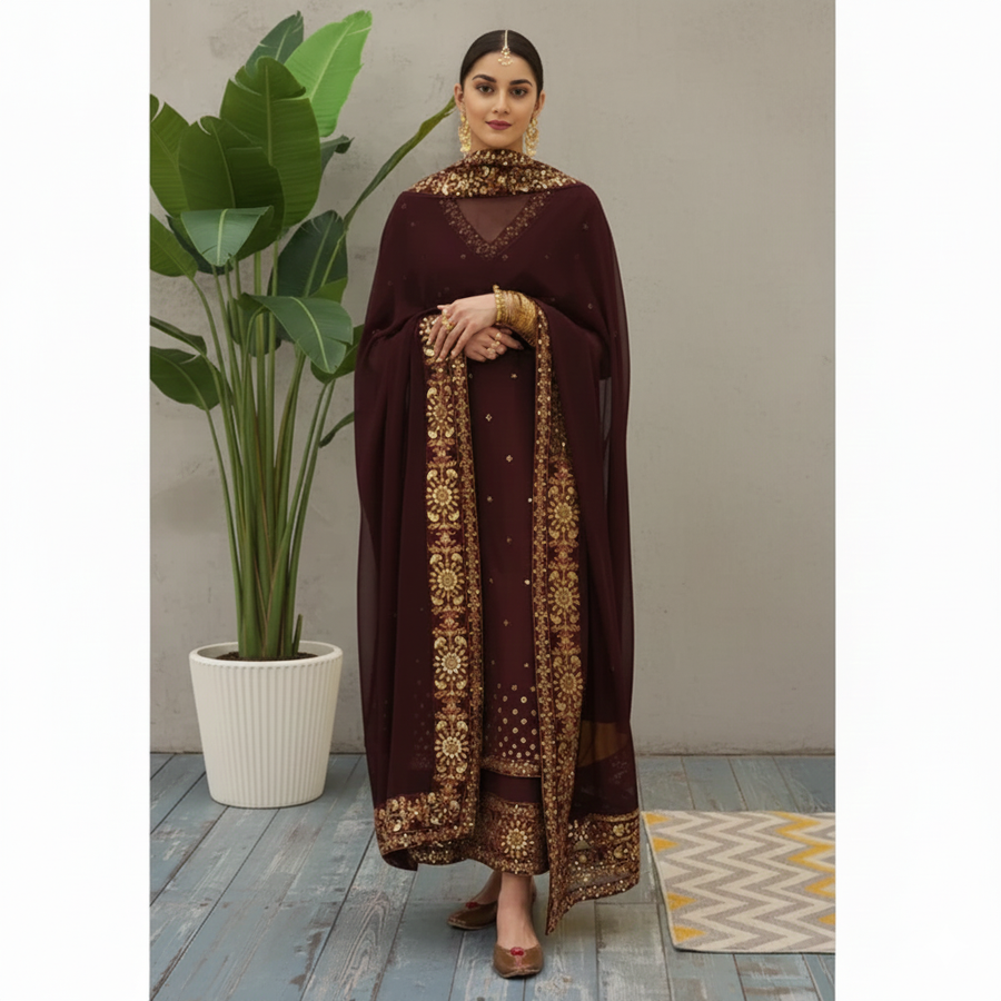 Mahroon Grace 3 piece Embroidered Luxury Pret For Women