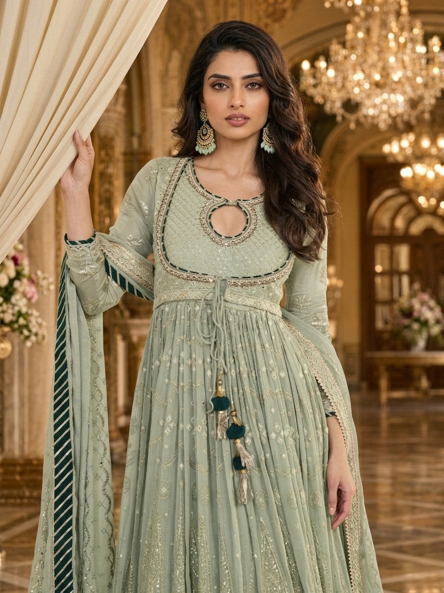 Mint Green Lucknowi Chikankari Georgette Anarkali Gown with Embroidered Dupatta