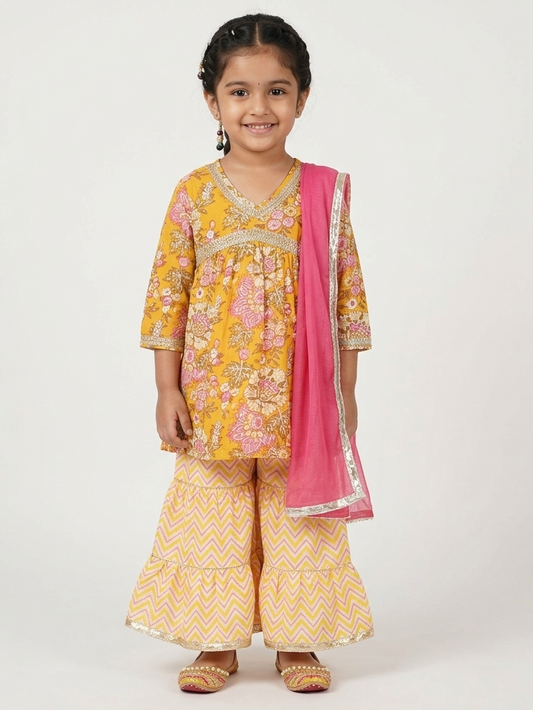 Girls Yellow Floral Kurti with Leheriya Sharara and Dupatta (3 Piece)