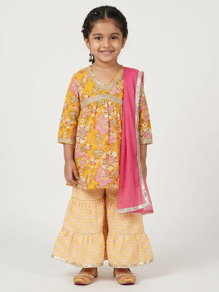 Girls Yellow Floral Kurti with Leheriya Sharara and Dupatta (3 Piece)