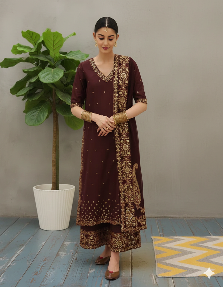 Mahroon Grace 3 piece Embroidered Luxury Pret For Women
