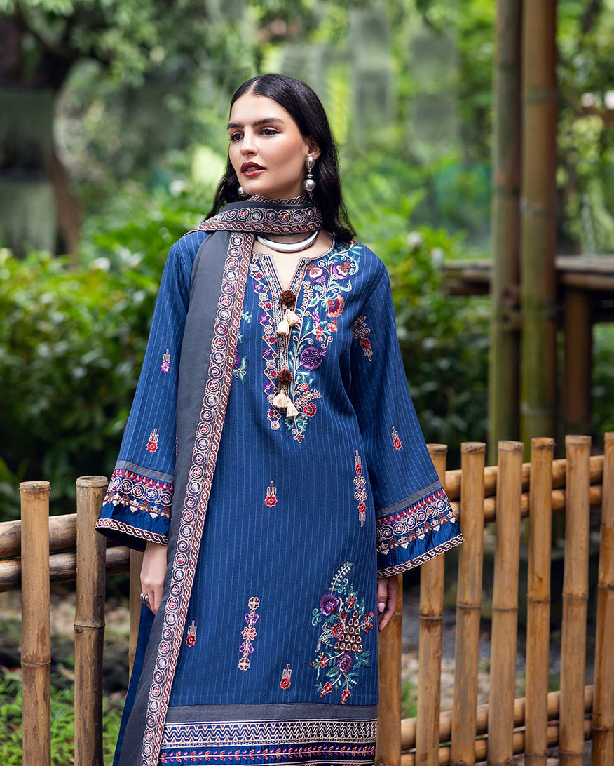 Close-up of woman in blue embroidered karandi suit showing detailed floral embroidery on front and silk trimmed sleeves
