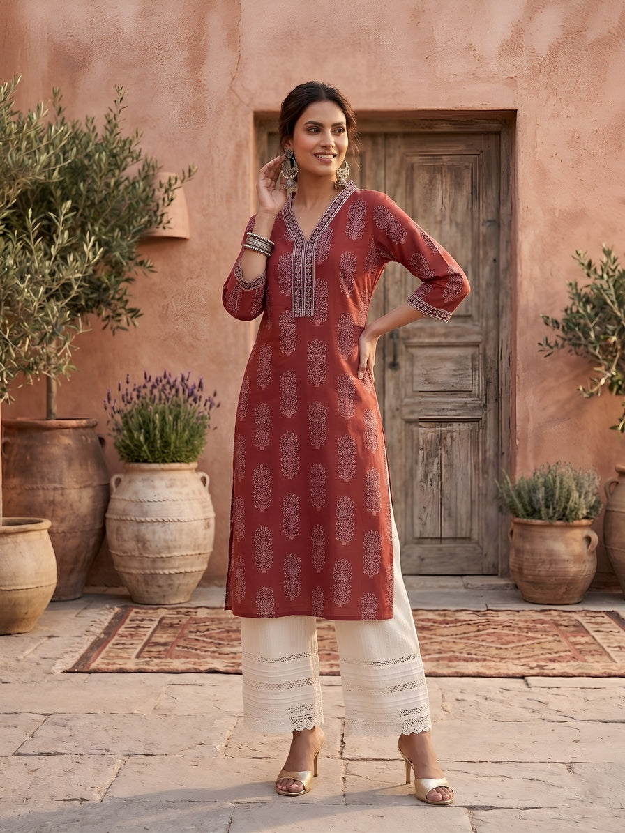 Printed Straight Kurta with Three Quarter Sleeves - Pehnaawaa