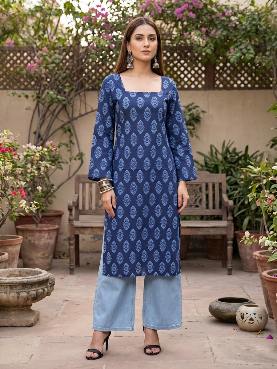 Printed Straight Kurta with Three Quarter Sleeves - Pehnaawaa