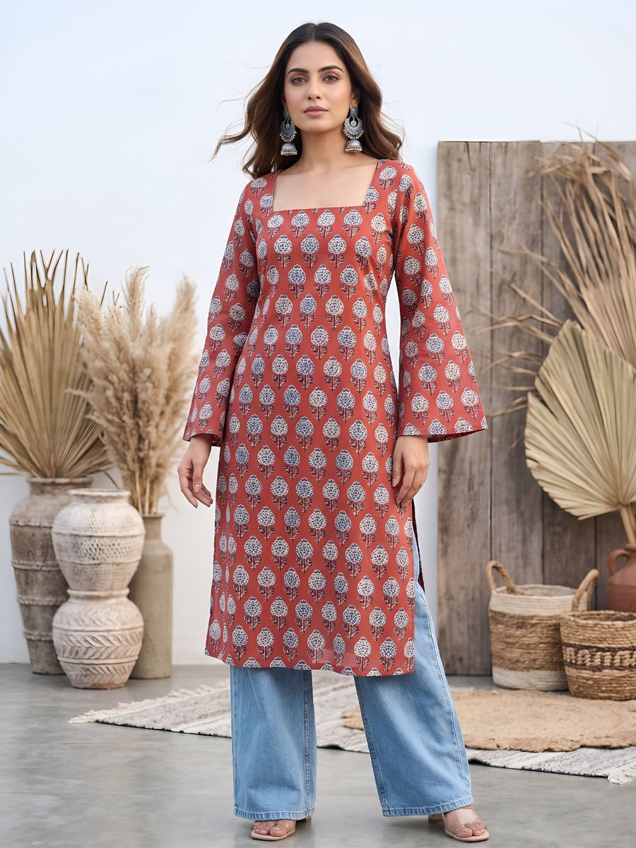Printed Straight Kurta with Three Quarter Sleeves - Pehnaawaa