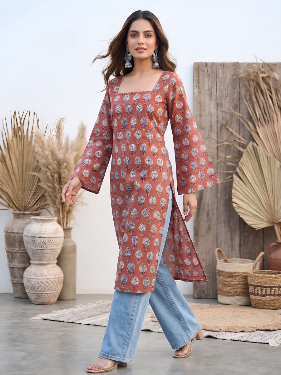 Printed Straight Kurta with Three Quarter Sleeves - Pehnaawaa