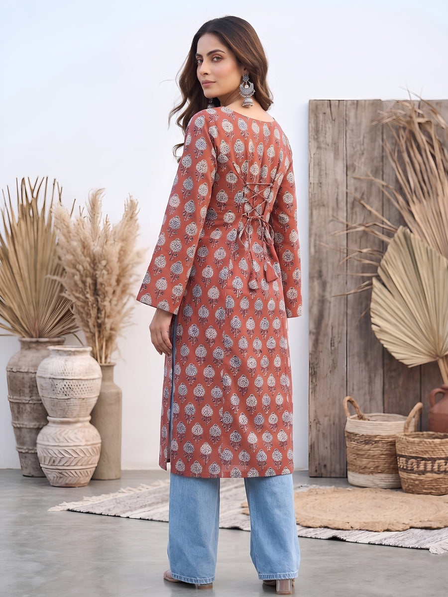 Printed Straight Kurta with Three Quarter Sleeves - Pehnaawaa