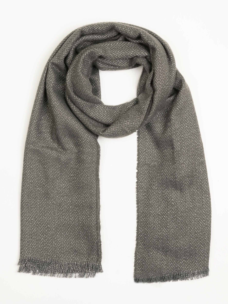Slate grey wool shawl loosely wrapped in a loop with fringed edges visible against white background