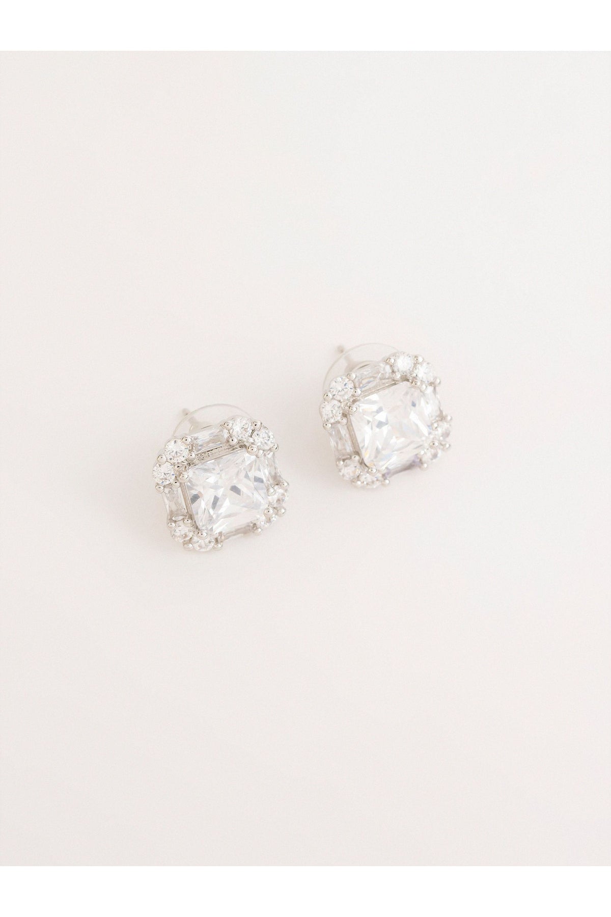 Silver Crystal Stud Earrings | Cushion-Cut Halo Design