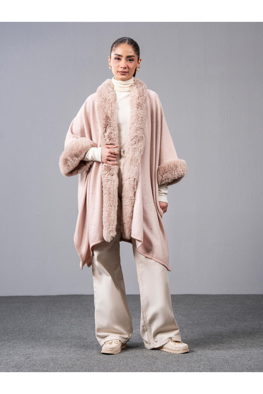 Dusty Rose Wool Blend 2-Piece Cape | Faux Fur Trim