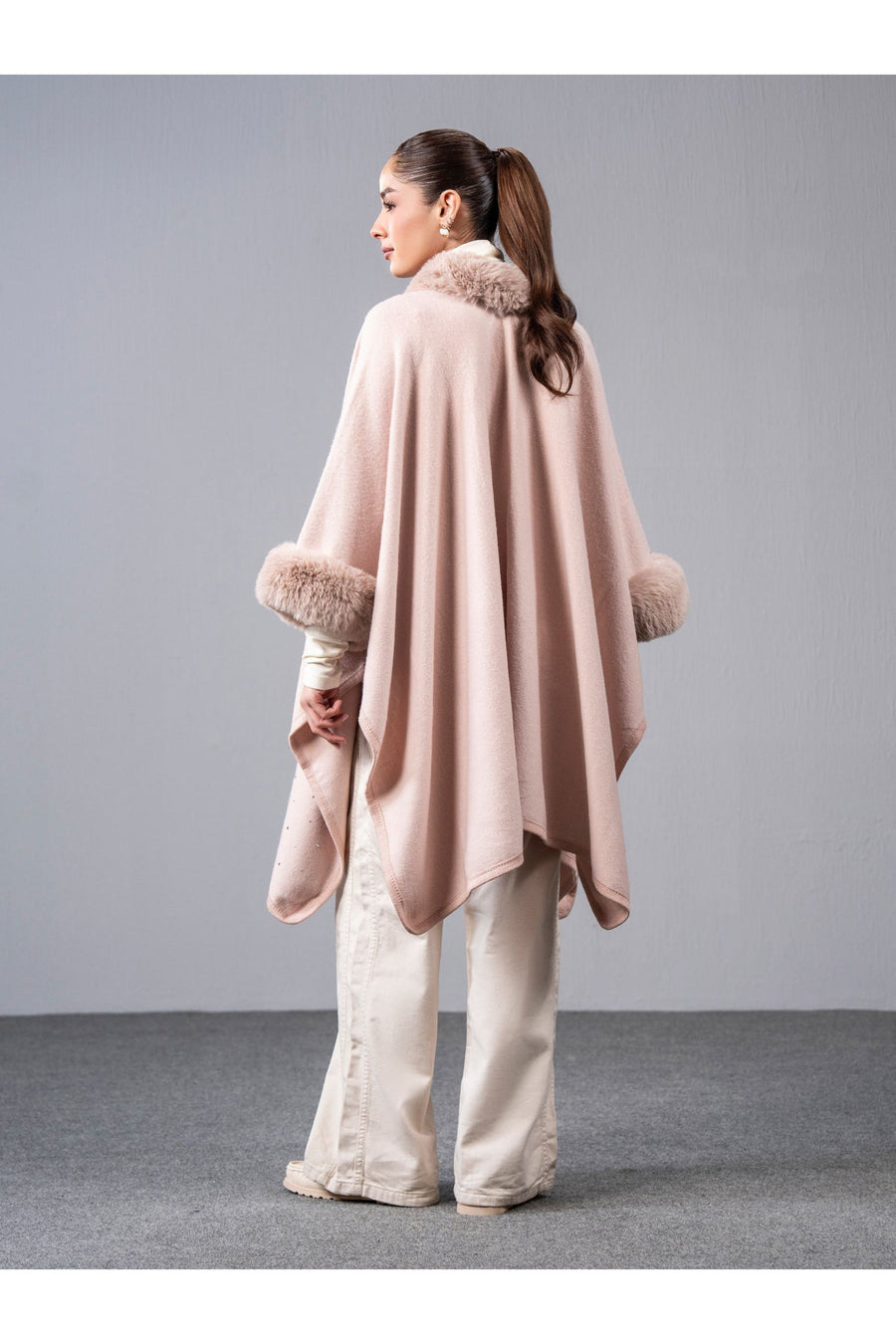 Dusty Rose Wool Blend 2-Piece Cape | Faux Fur Trim