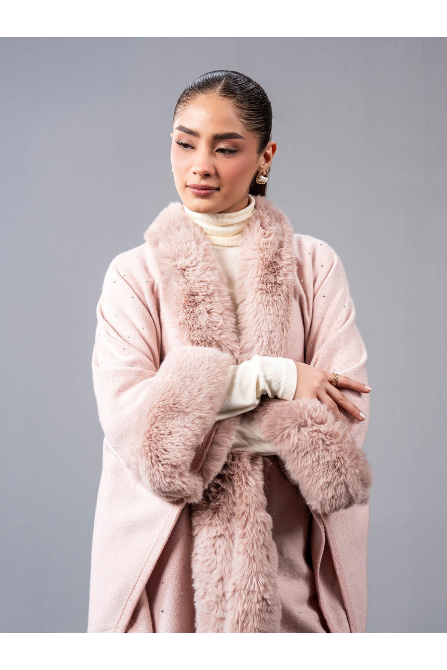 Dusty Rose Wool Blend 2-Piece Cape | Faux Fur Trim