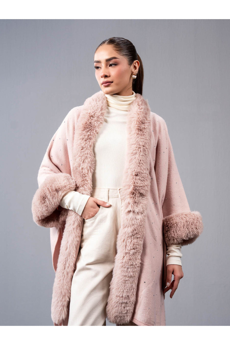 Dusty Rose Wool Blend 2-Piece Cape | Faux Fur Trim
