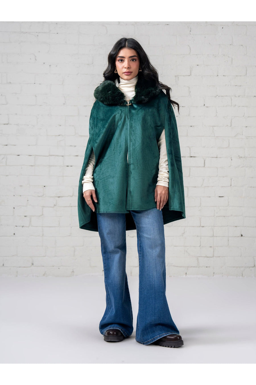 Emerald Suede Cape | Genuine Fur Collar & Drape