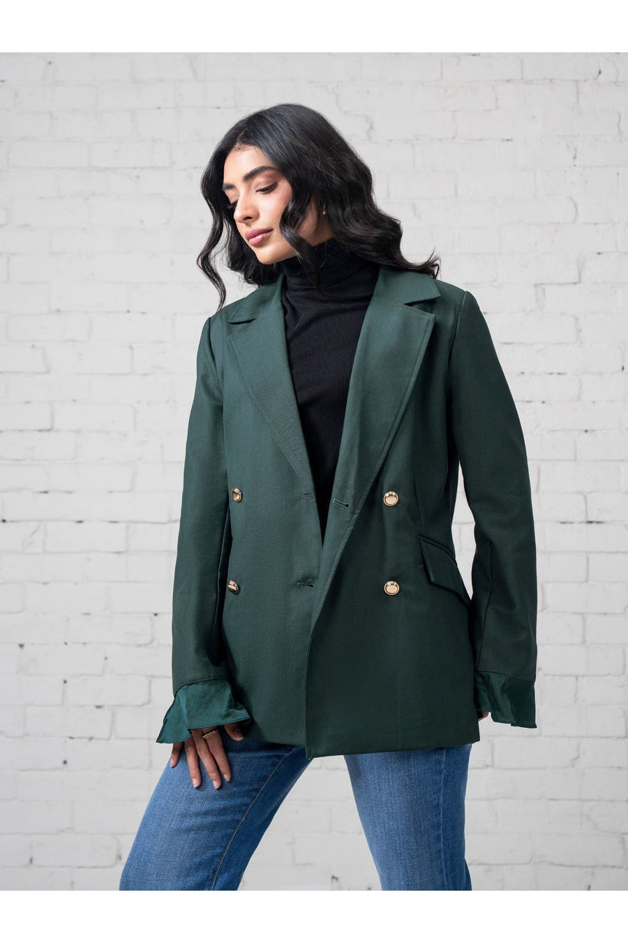 Sage Organza Silk Blazer | Double-Breasted with Ruffle Cuffs