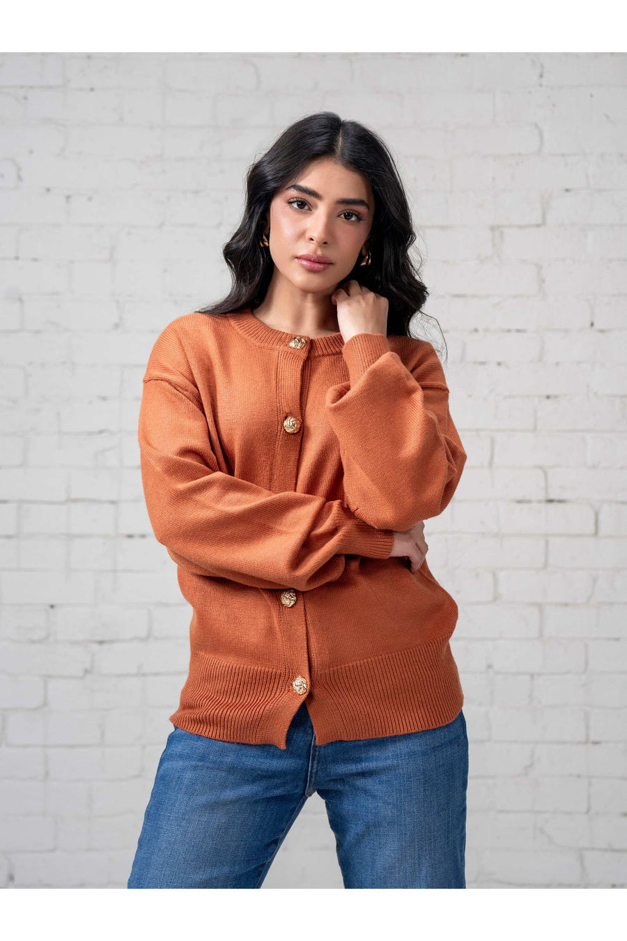 Rust Wool Blend 1-Piece Cardigan | Pearl Button Detail