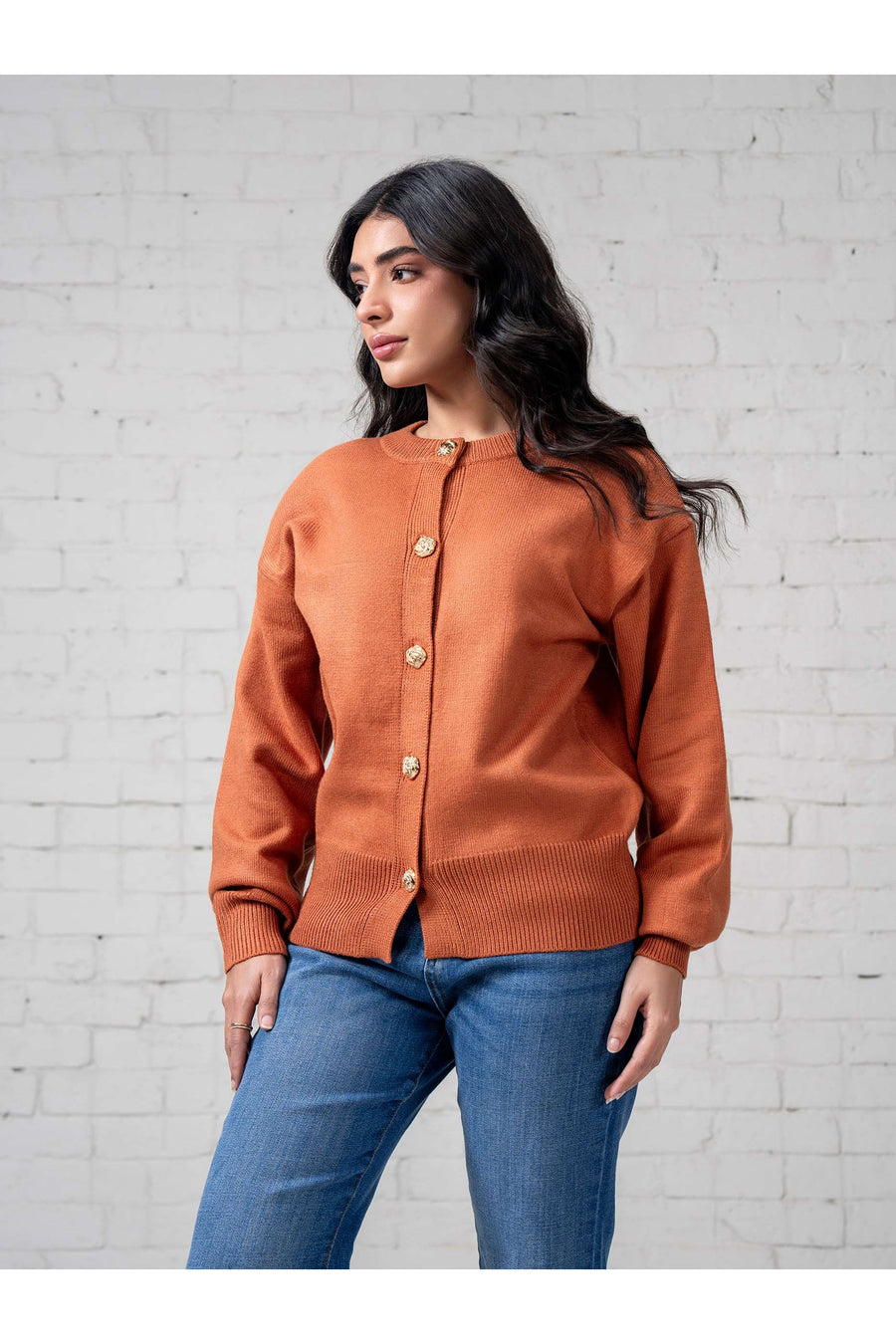 Rust Wool Blend 1-Piece Cardigan | Pearl Button Detail