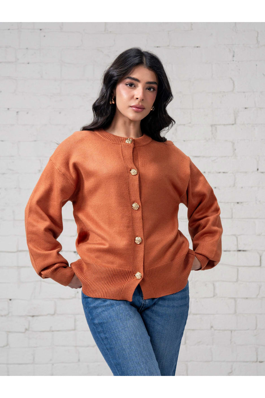 Rust Wool Blend 1-Piece Cardigan | Pearl Button Detail