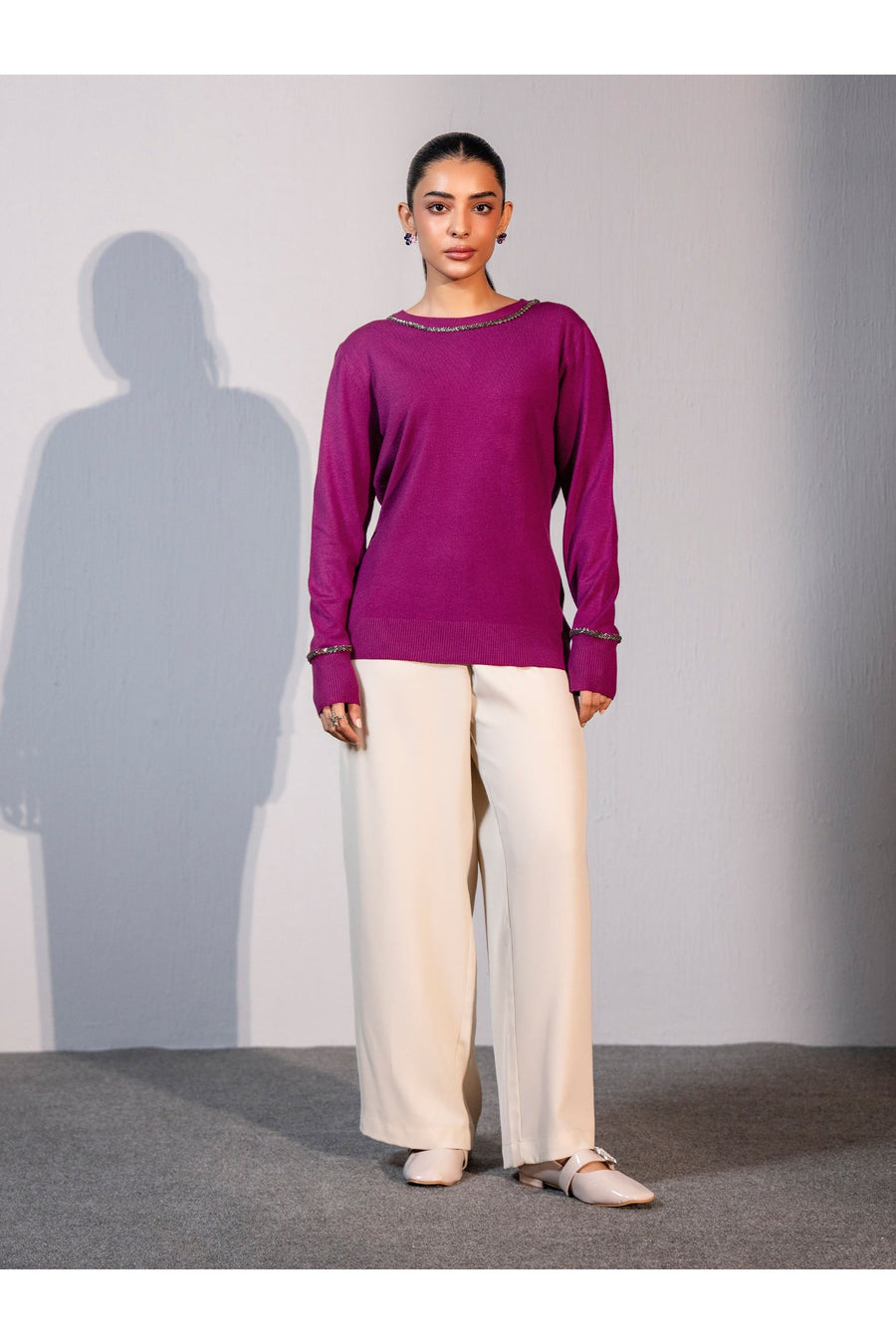 Plum Merino Blend 1-Piece Sweater | Metallic Trim