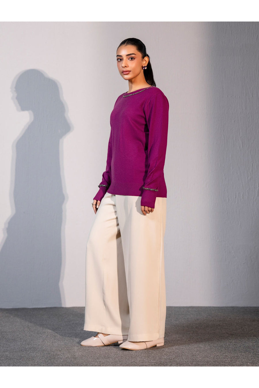 Plum Merino Blend 1-Piece Sweater | Metallic Trim