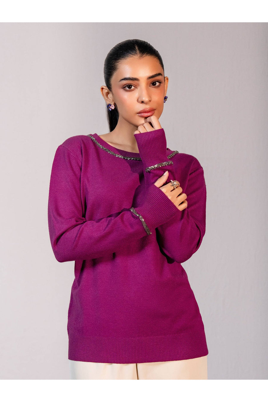 Plum Merino Blend 1-Piece Sweater | Metallic Trim