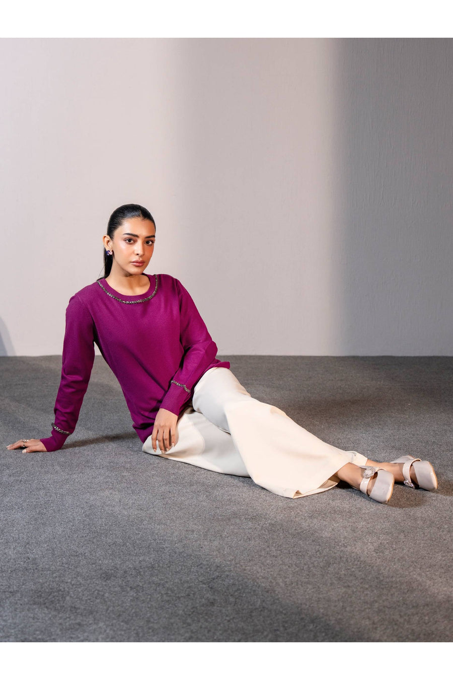 Plum Merino Blend 1-Piece Sweater | Metallic Trim