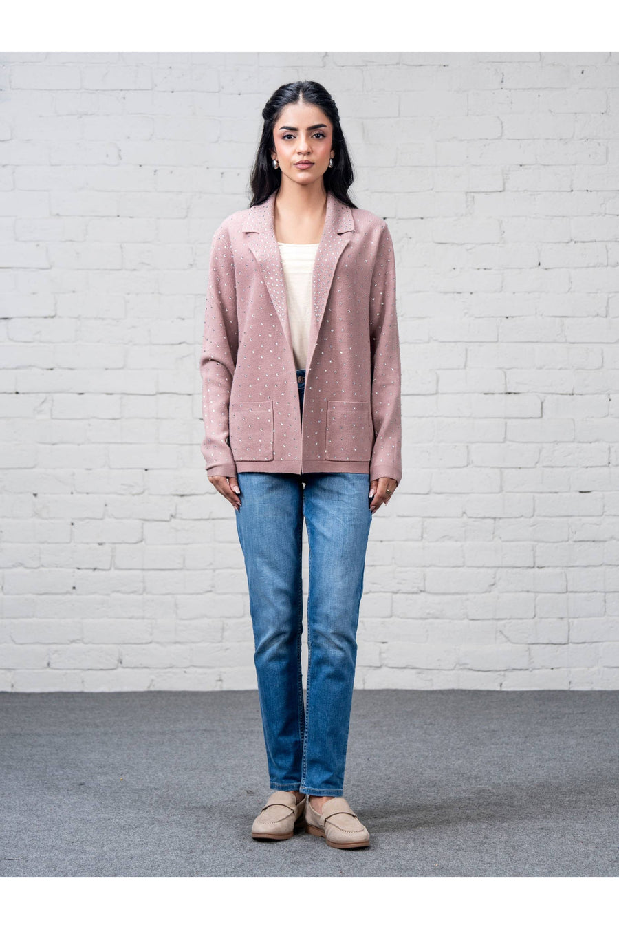 Dusty Rose Wool Blend 3-Piece Blazer | Rhinestone