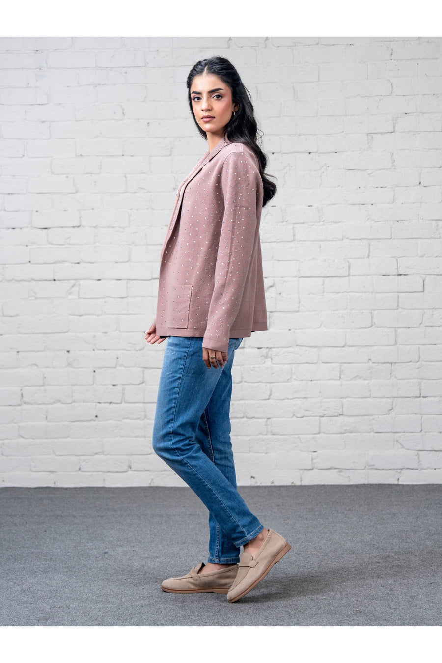 Dusty Rose Wool Blend 3-Piece Blazer | Rhinestone